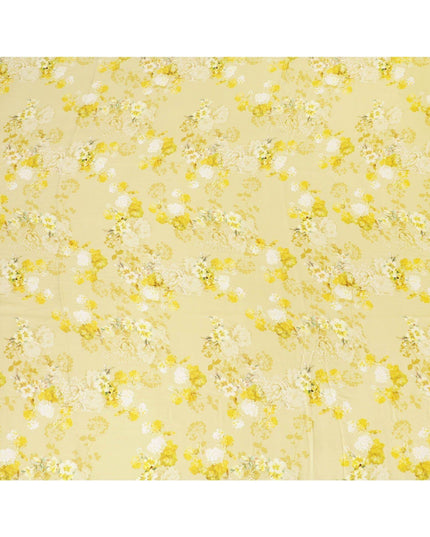 Laguna yellow viscose modal satin fabric with off white and light mustard print in floral design-D7425
