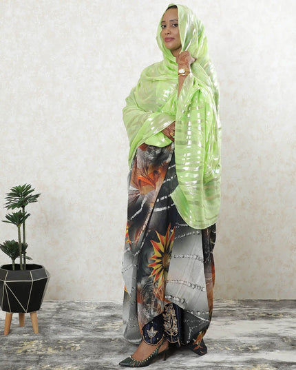 Neon green pure silk chiffon garbasaar with same tone, gold and silver  metallic lurex in abstract design-D9527 Regal Fabrics