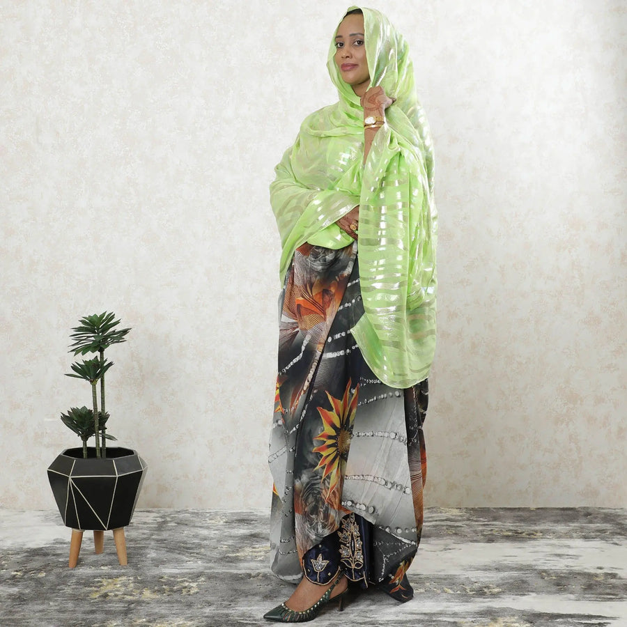 Neon green pure silk chiffon garbasaar with same tone, gold and silver  metallic lurex in abstract design-D9527 Regal Fabrics