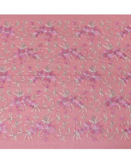 قماش الفوال القطني الخالص الفاخر باللون الوردي السلمون مع تطريز باللون الوردي القرميدي والأخضر الداكن والبيج بتصميم الأزهار-D15245