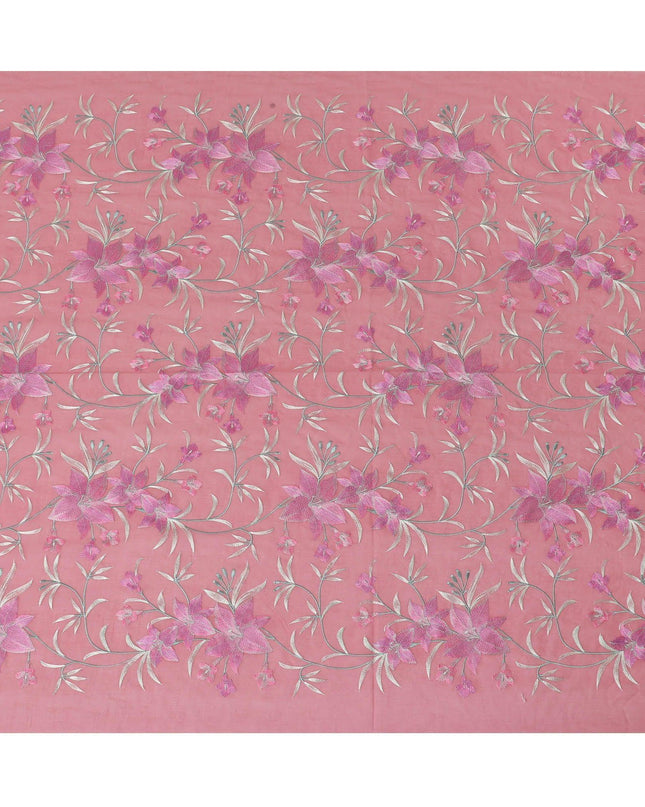 قماش الفوال القطني الخالص الفاخر باللون الوردي السلمون مع تطريز باللون الوردي القرميدي والأخضر الداكن والبيج بتصميم الأزهار-D15245