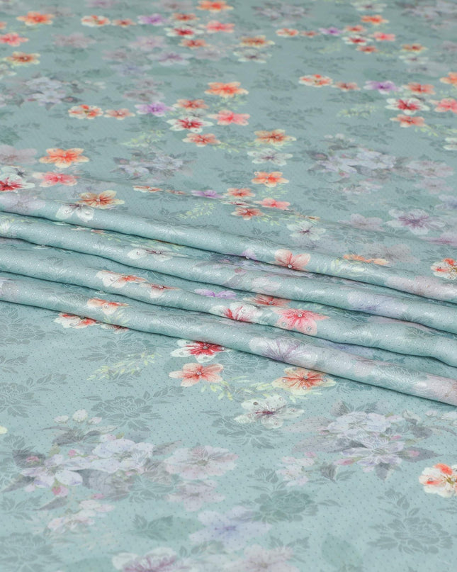 Artichoke green synthetic crepe fabric with lavender, red, peach, sage green print having metallic finish and stone work in floral design-D6835