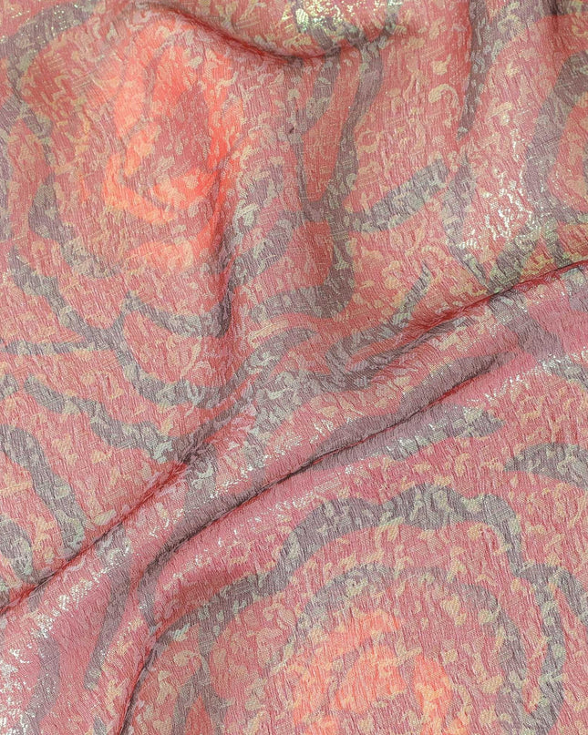 Maroon pure silk chiffon fabric with neon green and black metallic lurex in fancy design-D8979