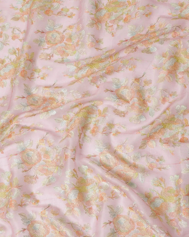 Rose pink silk organza fabric with multicolor embroidery in floral design-D13152 Regal Fabrics