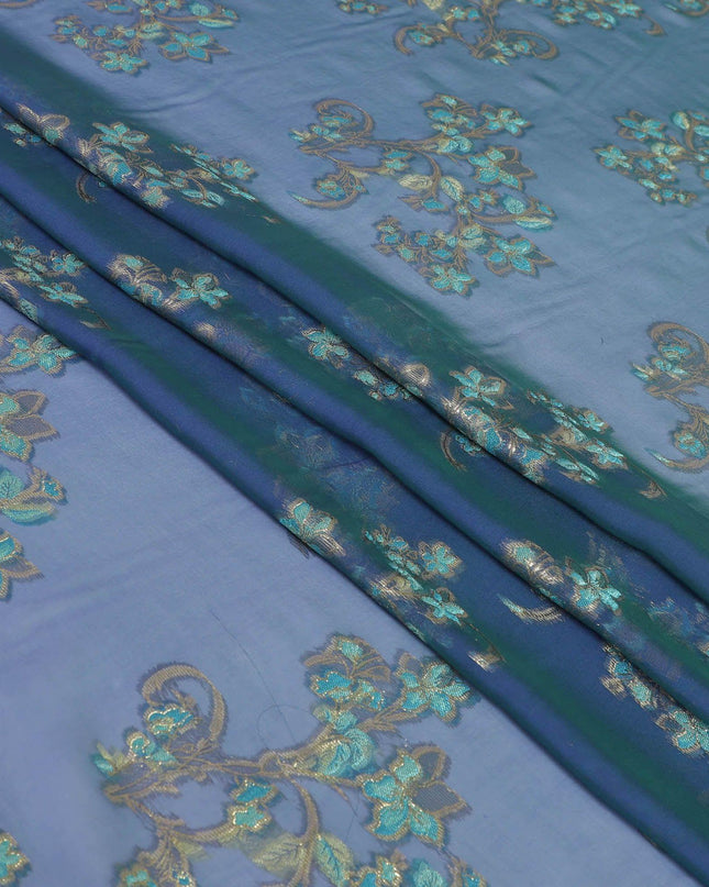 قماش من الشيفون الحريري الخالص الفاخر ذو اللونين الأزرق البروسي مع الفيسكوز الأزرق والوركس المعدني الذهبي بتصميم الأزهار-D13184