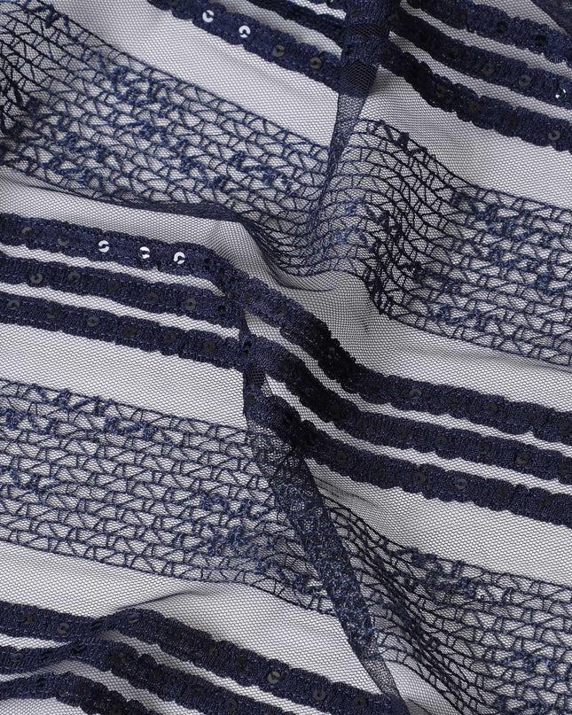 Navy blue nylon tulle fabric with same tone embroidery and sequins in stripe design-D6668 Regal Fabrics