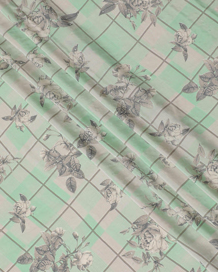 Mint green synthetic crepe fabric with beige and grey print having stone work in floral design-D15297 - Regal Fabrics