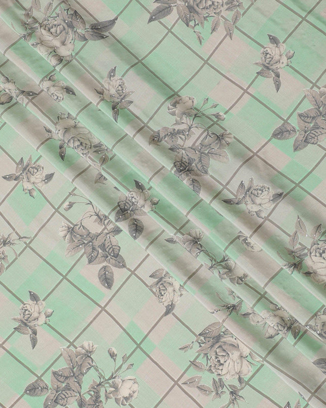 Mint green synthetic crepe fabric with beige and grey print having stone work in floral design-D15297 Regal Fabrics