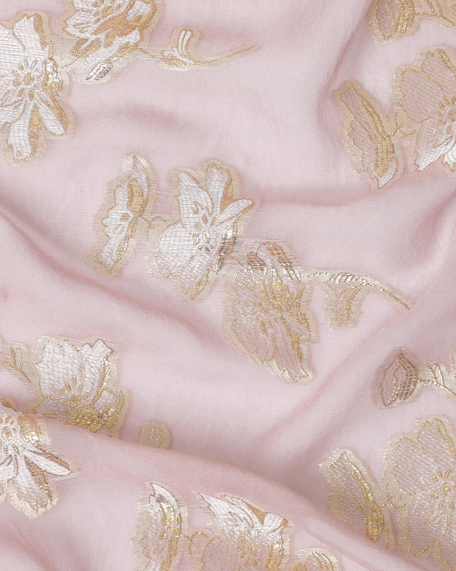 Light lavender premium pure silk chiffon fabric with same tone viscose and gold metallic lurex in floral design-D13132