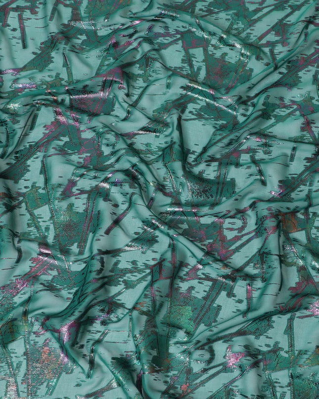 قماش من الشيفون الحريري الخالص الفاخر باللون الأخضر الزجاجي مع لوريكس معدني متعدد الألوان بتصميم تجريدي -D9657