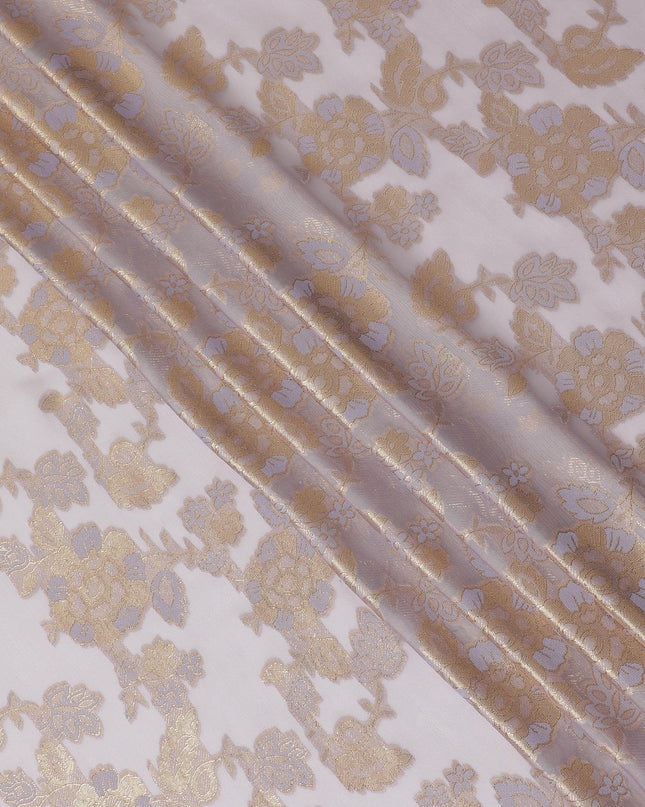 Light lavender premium pure French (Fransawi) silk chiffon fabric with black viscose and gold metallic lurex in floral design-D14274