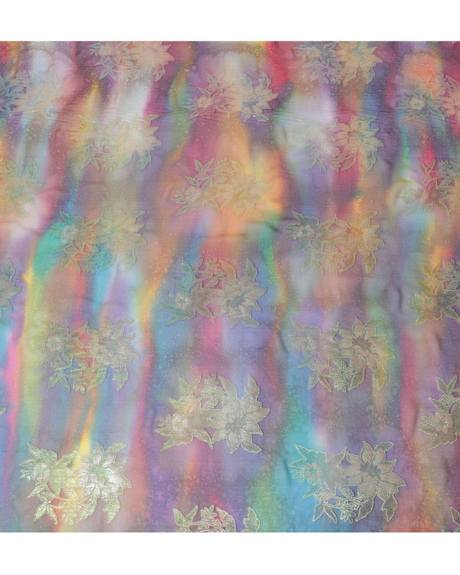 قماش شيفون حريري خالص مطبوع متعدد الألوان مع لوركس معدني ذهبي وفضي بتصميم زهور-D12422