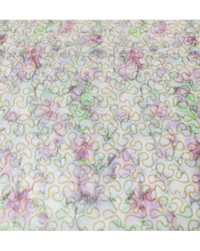 قماش شيفون من الحرير الخالص متعدد الألوان مع لوريكس معدني ذهبي بتصميم تجريدي-D13713