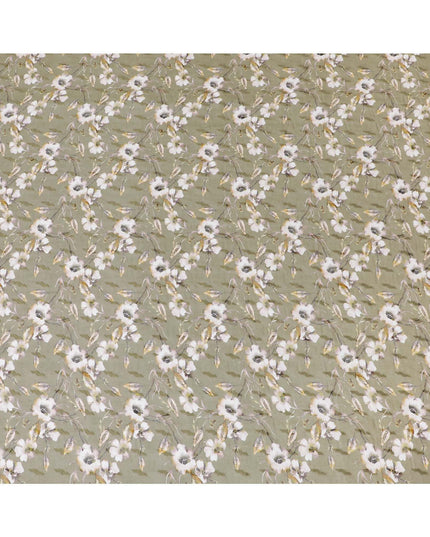 Olive green cotton voile fabric with brown, off white and mustard yellow print in floral design-D10745 Regal Fabrics