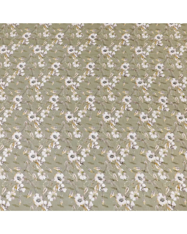 Olive green cotton voile fabric with brown, off white and mustard yellow print in floral design-D10745 Regal Fabrics