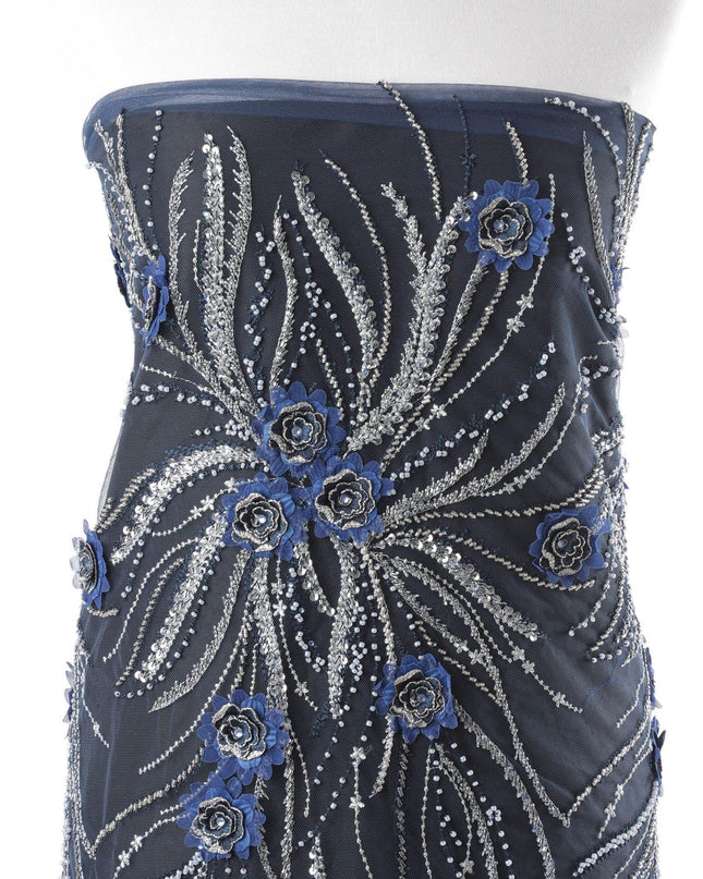 Yale blue nylon tulle fabric with same tone, silver embroidery, feathers having yale blue and navy blue 3d flowers , silver sequins and bead work in floral design Regal Fabrics