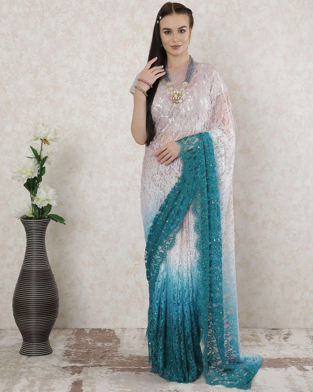 Multicolor Premium pure French chantilly lace saree having stone work in floral design-D14523 Regal Fabrics