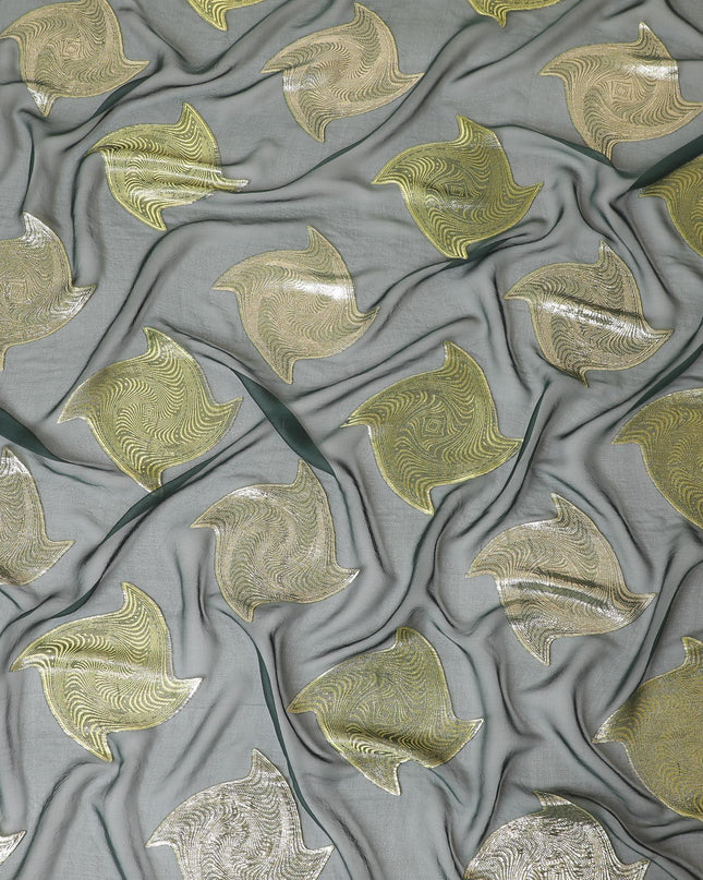 قماش شيفون من الحرير الخالص باللون الأخضر مع فيسكوز أخضر نيون ولوريكس معدني ذهبي بتصميم تجريدي-D8788