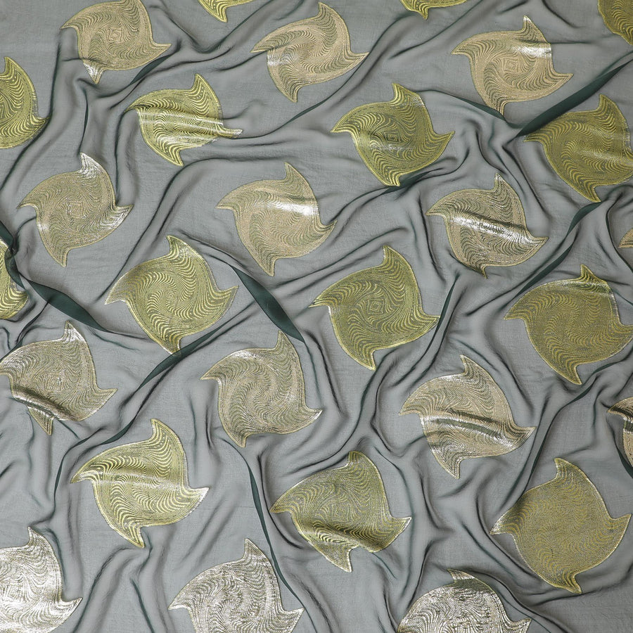 Bottle green pure silk chiffon fabric with neon green viscose and gold metallic lurex in abstract design-D8788