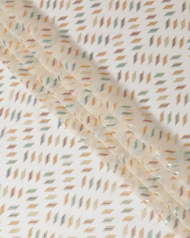 Beige Premium pure silk chiffon fabric with multicolor metallic lurex in geometric design-D13139