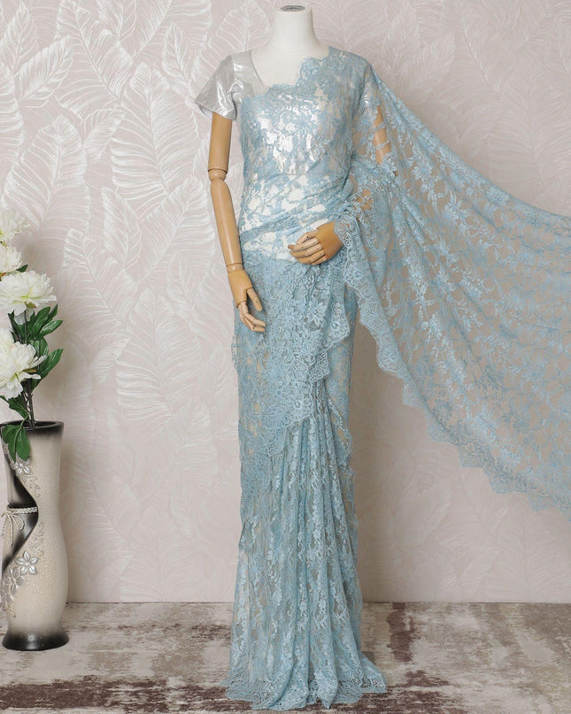 Baby blue, blonde yellow Premium pure French two tone chantilly lace saree in floral design-D14565
