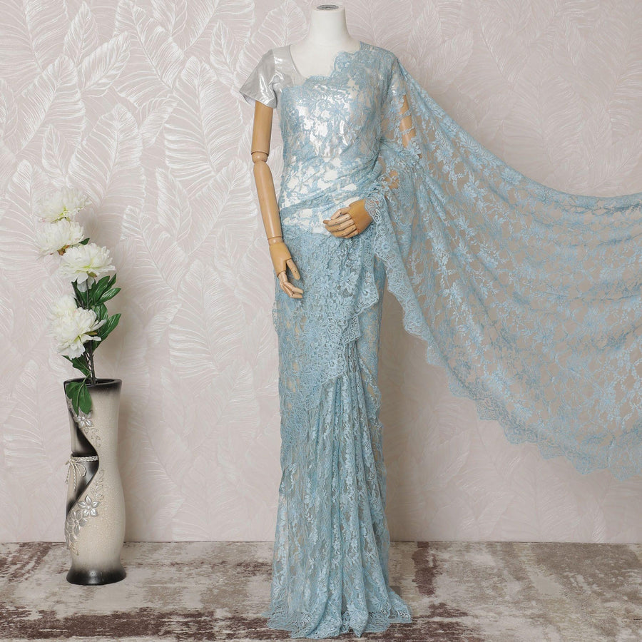 ساري دانتيل شانتيلي بدرجتين من اللون الأزرق الفاتح والأصفر الأشقر الفرنسي الخالص بتصميم الأزهار-D14565