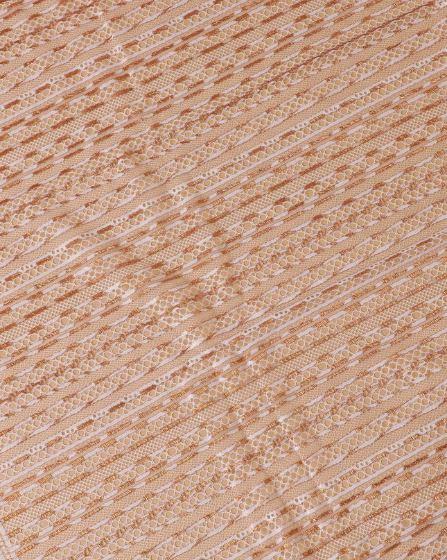 White Premium Wedding French chantilly lace fabric with copper metallic stripe design-D8366 Regal Fabrics