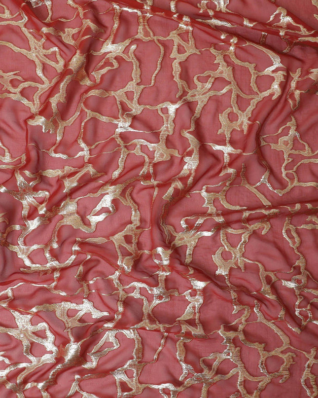 قماش شيفون من الحرير الخالص باللون الأحمر الصدئ مع لوريكس معدني ذهبي بتصميم تجريدي-D13194