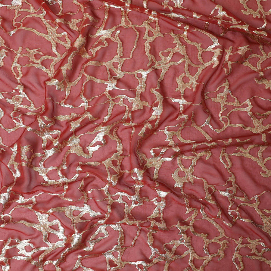 Rusty red Premium pure silk chiffon fabric with gold metallic lurex in abstract design-D13194