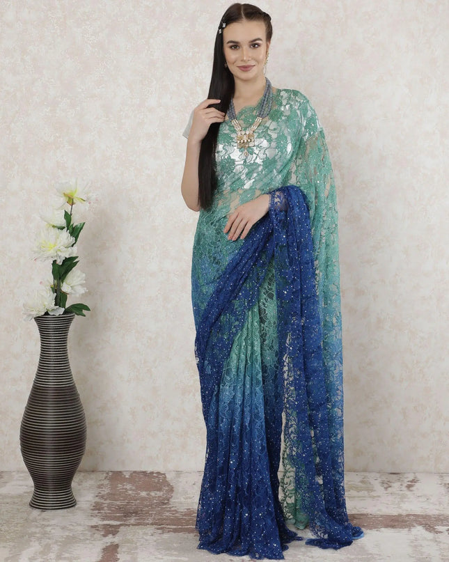 Multicolor Premium pure French chantilly lace saree having stone work in floral design-D14522 Regal Fabrics