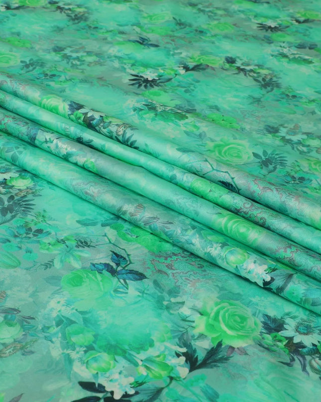 Mint green blended cotton lawn fabric  with multicolor print in floral design: D-5682 Regal Fabrics