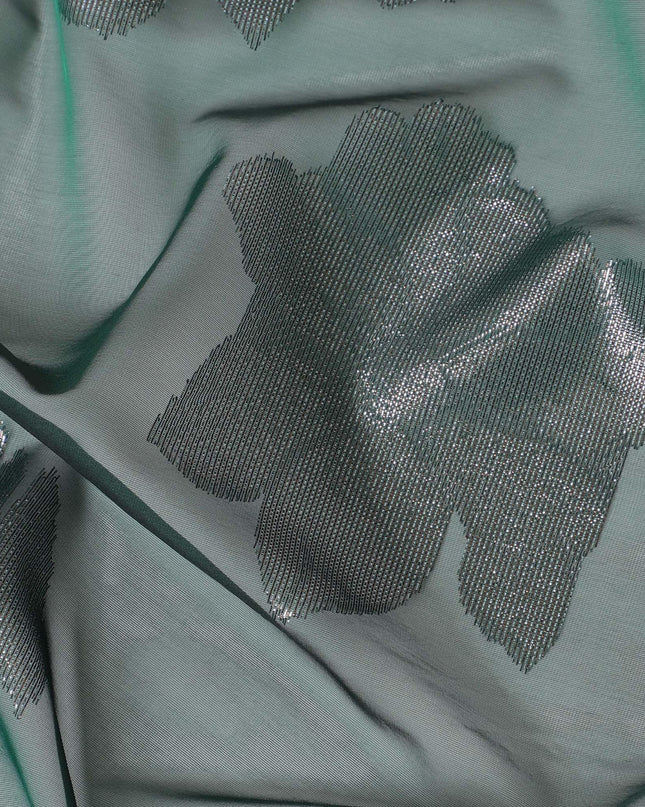 قماش من الشيفون الحريري الإيطالي الخالص باللون الأخضر الزجاجي مع لوركس معدني نحاسي وفضي بتصميم زهور-D10796