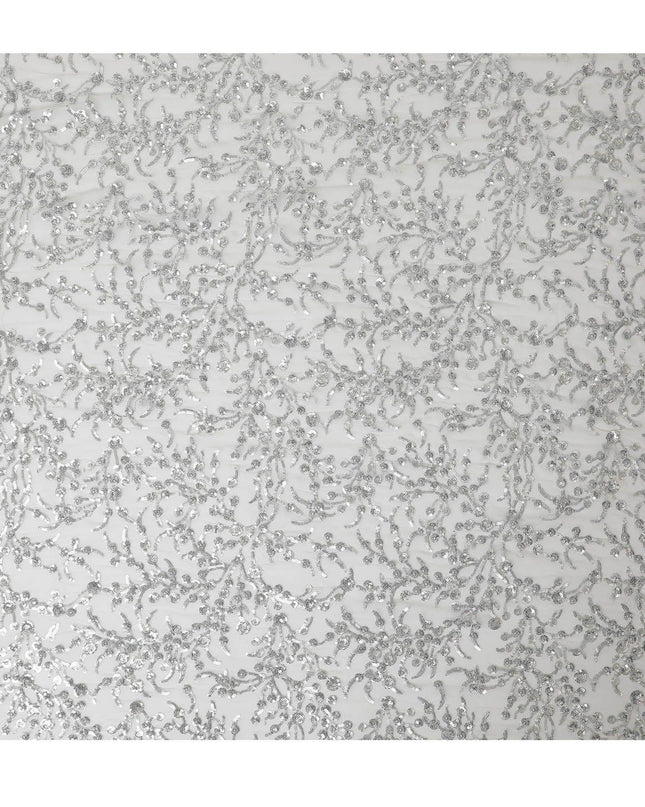 قماش شيفون من الحرير الخالص باللون الرمادي السحابي مع تطريز بالترتر بنفس اللون بتصميم الأزهار-D13196