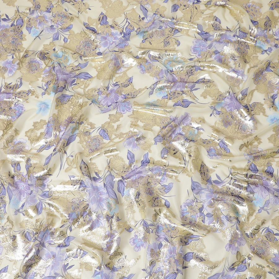 قماش شيفون من الحرير الخالص الذهبي مع طباعة متعددة الألوان ولوريكس معدني ذهبي بتصميم زهور-D14296