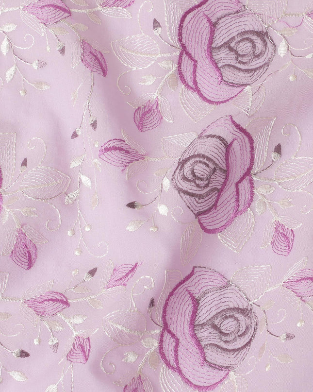 Baby pink Premium pure cotton voile fabric with lavender pink and beige embroidery in floral design-D15253