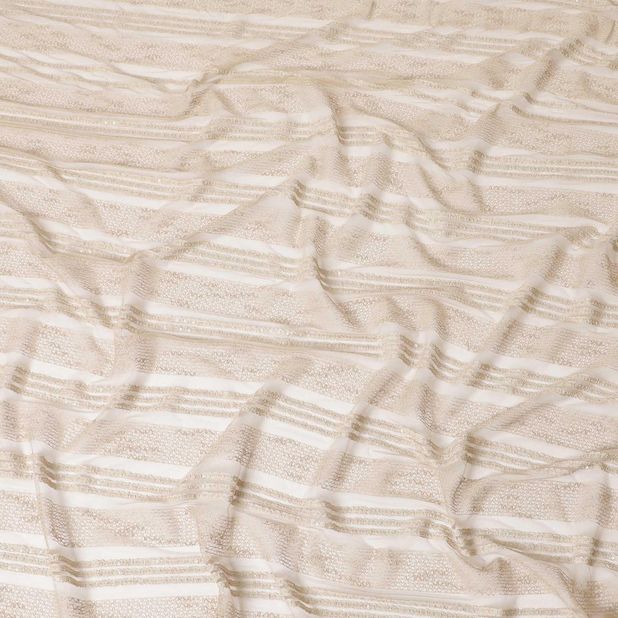 Gold nylon tulle fabric with same tone embroidery and sequins in stripe design-D6681