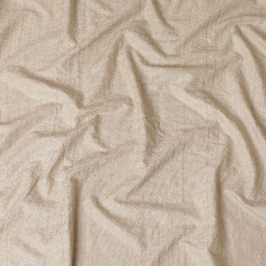 قماش حرير التوسار الخالص الفاخر باللون البيج اللاتيه مع تطريز بنفس اللون والترتر بتصميم الأزهار-D15446