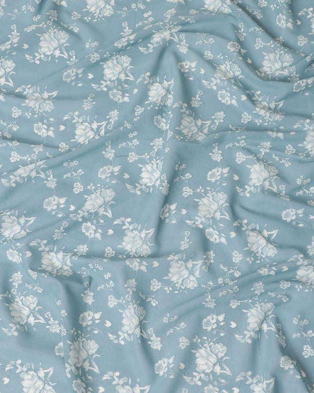 Light tiffany blue cotton voile fabric with beige print in floral design-D15157