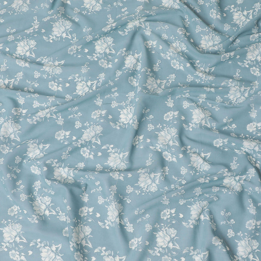 Light tiffany blue cotton voile fabric with beige print in floral design-D15157