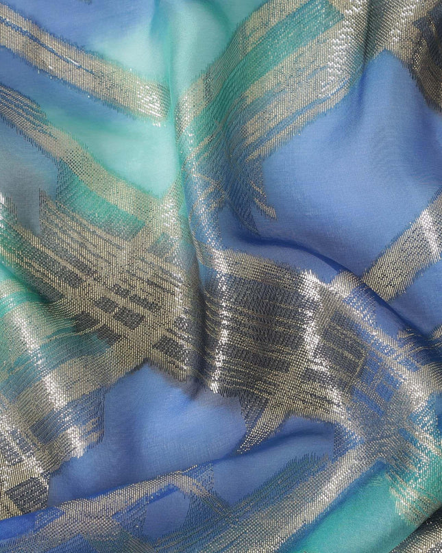 Blue Premium pure French (Fransawi) silk chiffon fabric with gold metallic lurex in abstract design-D14010