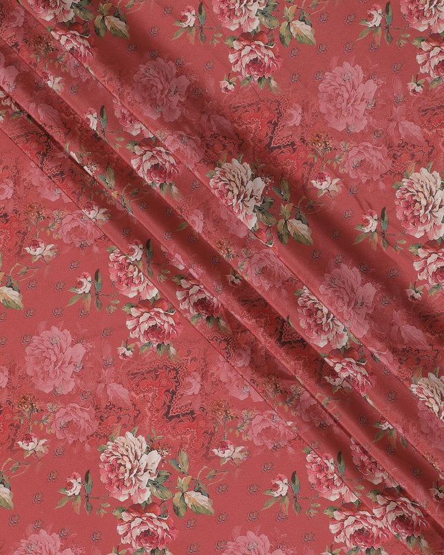 قماش كريب صناعي باللون الأحمر القرميدي مع طباعة متعددة الألوان بتصميم الأزهار-D15026