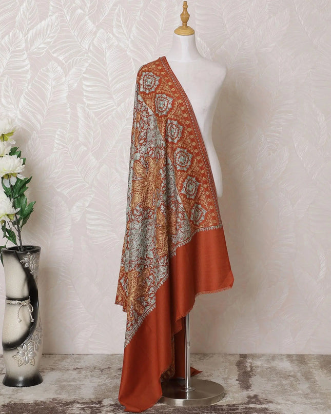 Rusty brown Premium pure kashmiri shawl with gold and vista blue jacquard in floral design-D14941 Regal Fabrics