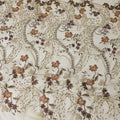 Sage Green nylon tulle fabric with brown, gold embroidery and multi color sequins in floral design