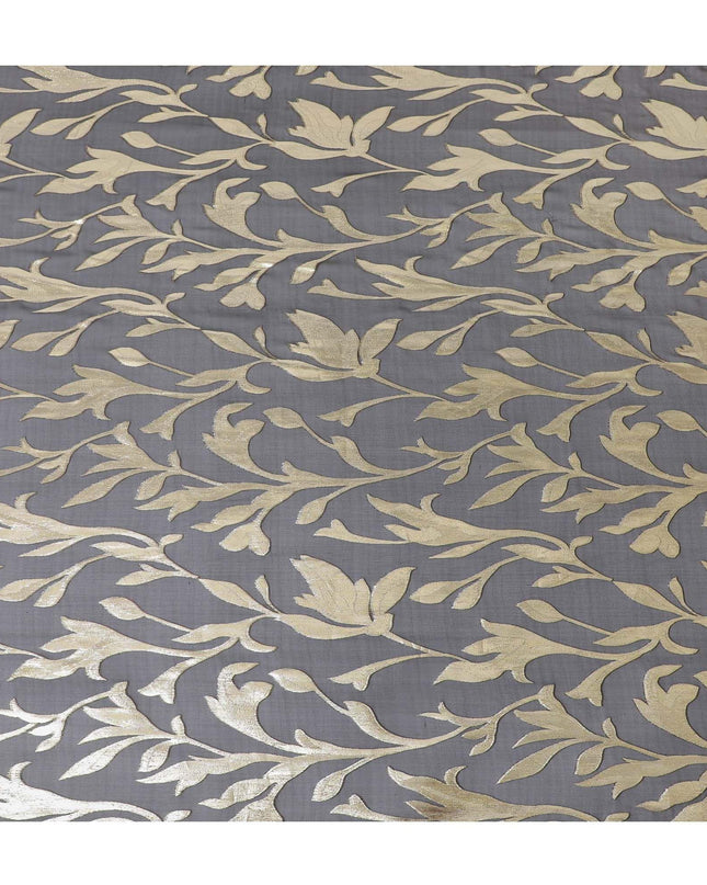 Black Premium pure silk chiffon with gold metallic lurex in Leaf design-D11358