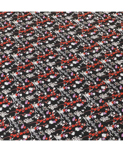 Black viscose crepe printed fabric with multi colour prints and metallic lurex in floral design-D11164