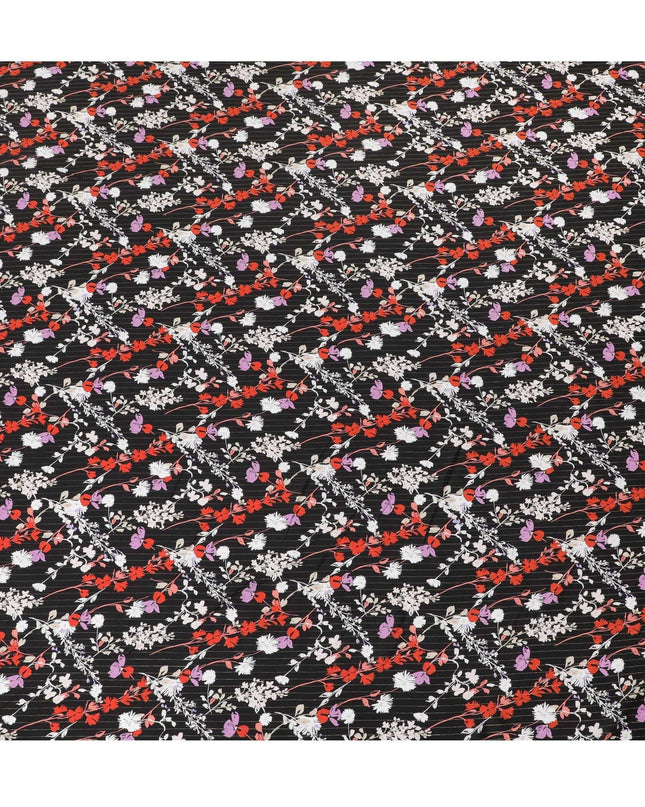 Black viscose crepe printed fabric with multi colour prints and metallic lurex in floral design-D11164