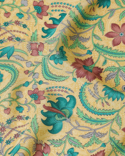 Mellow yellow pure silk crepe fabric with multicolor print in floral design-D8115 Regal Fabrics