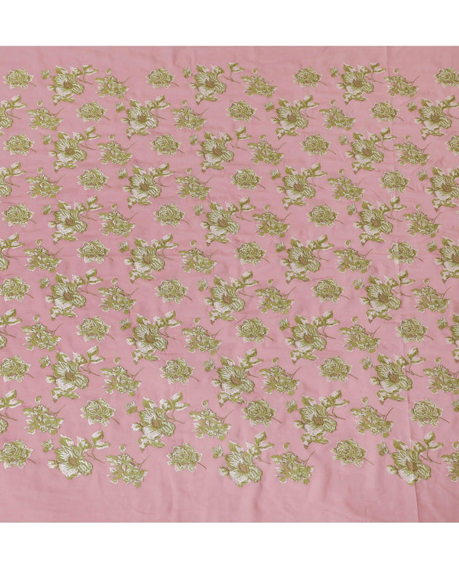 Fandango pink cotton voile fabric with beige and sage green embroidery in floral design-D14473