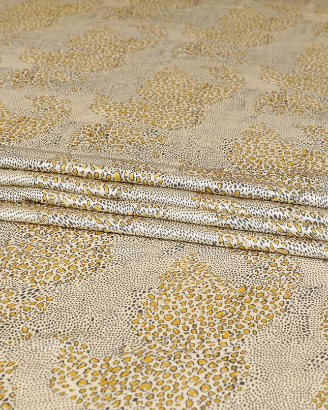 Beige premium 100% Pure silk satin fabric with mustard yellow and stone grey print in animal skin design-D9288