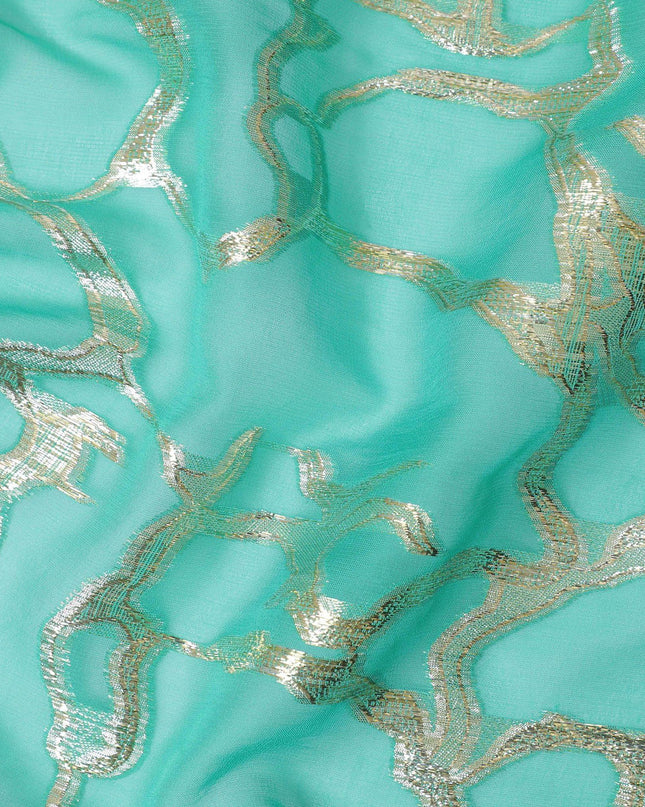 قماش شيفون حريري نقي فاخر باللون الأخضر الفيروزي مع لوريكس معدني ذهبي بتصميم تجريدي-D13191